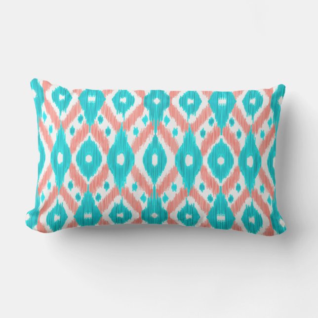 Artsy Coral Teal Abstract Ikat Geometric Pattern Lumbar Pillow (Front)