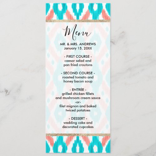 Artsy Coral Teal Abstract Ikat Geometric Pattern Menu