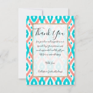 Artsy Coral Teal Abstract Ikat Geometric Pattern Thank You Card