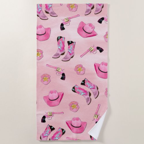 Artsy Cute Girly Pink Teal Cowgirl Watercolor Beach Towel