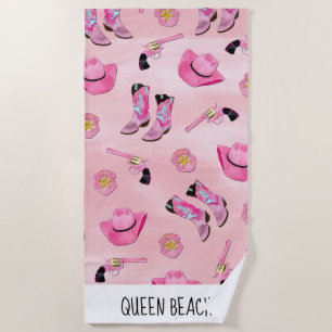 Artsy Cute Girly Pink Teal Cowgirl Watercolor Beach Towel