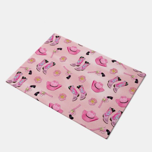 Artsy Cute Girly Pink Teal Cowgirl Watercolor Doormat