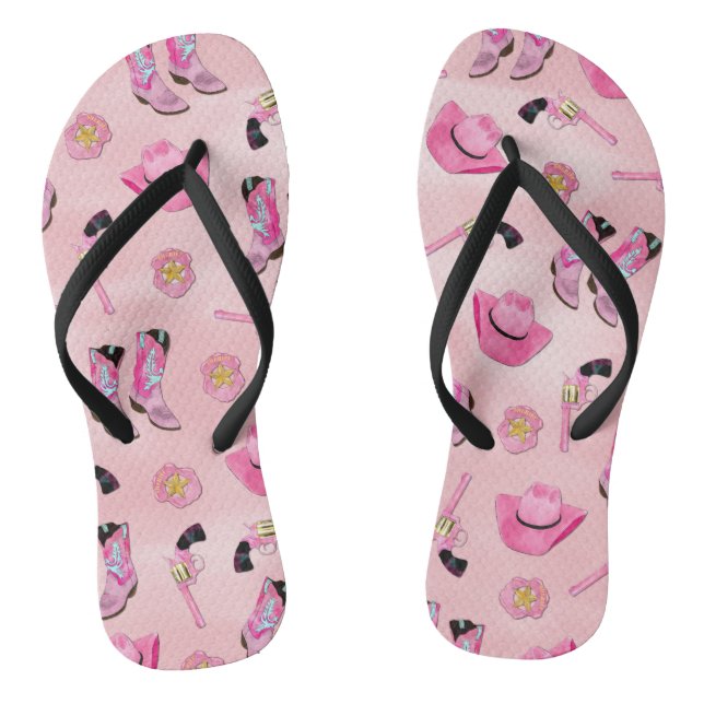 Artsy Cute Girly Pink Teal Cowgirl Watercolor Flip Flops (Footbed)