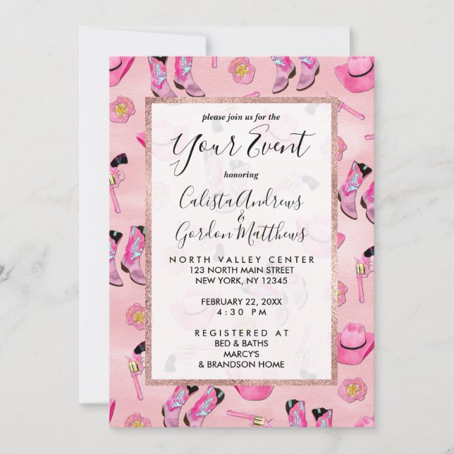 Artsy Cute Girly Pink Teal Cowgirl Watercolor Invitation (Front)