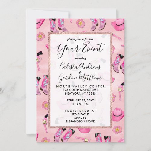 Artsy Cute Girly Pink Teal Cowgirl Watercolor Invitation