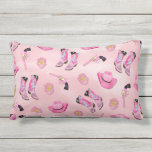 Artsy Cute Girly Pink Teal Cowgirl Watercolor Lumbar Pillow<br><div class="desc">Be a country cowgirl with this fun and playful design! It features a hand-drawn and hand-painted neon pink, bubblegum pink, mint green, and black watercolor cowgirl illustration pattern. These elements include cowboy hats cowgirl boots, revolver, and sheriff's badge on top of a pretty pink watercolor background. It's cool, unique, and...</div>