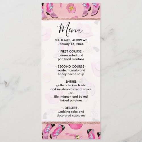 Artsy Cute Girly Pink Teal Cowgirl Watercolor Menu