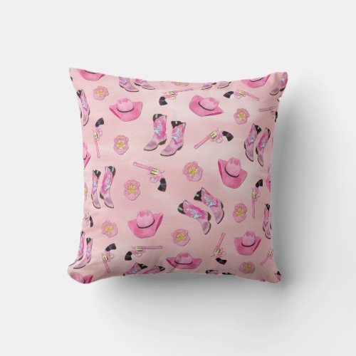 Artsy Cute Girly Pink Teal Cowgirl Watercolor Outdoor Pillow