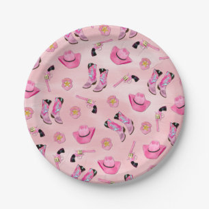 Artsy Cute Girly Pink Teal Cowgirl Watercolor Paper Plates