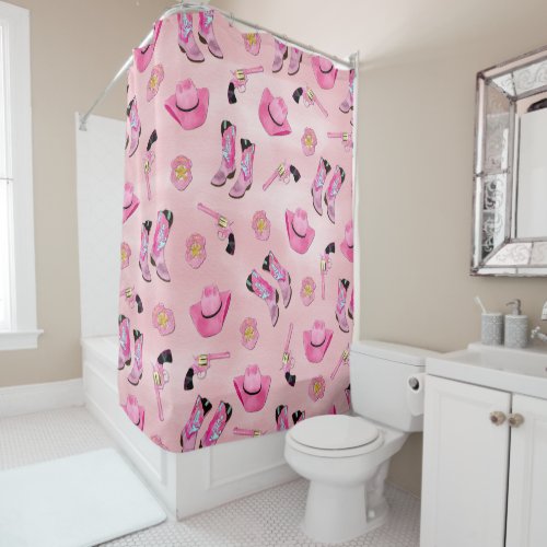 Artsy Cute Girly Pink Teal Cowgirl Watercolor Shower Curtain