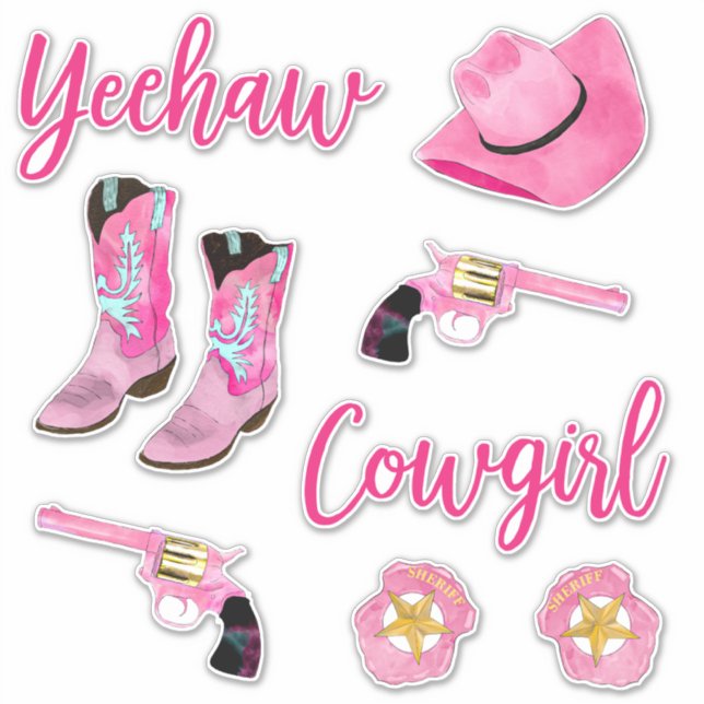 Artsy Cute Girly Pink Teal Cowgirl Watercolor Sticker (Front)