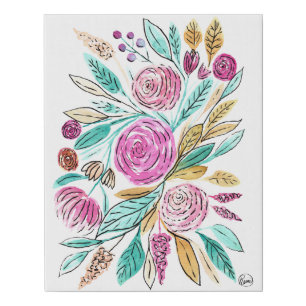 Artsy Elegant Pink Teal Floral Watercolor Art Faux Canvas Print
