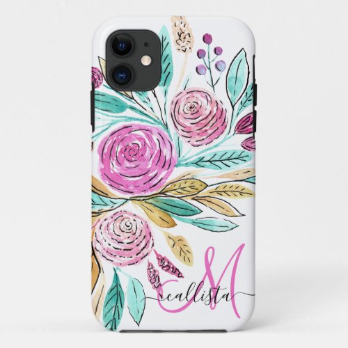 Artsy Elegant Pink Teal Floral Watercolor Monogram iPhone 11 Case