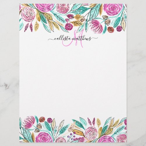 Artsy Elegant Pink Teal Floral Watercolor Monogram Letterhead