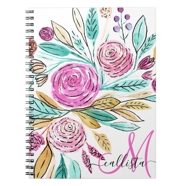 Artsy Elegant Pink Teal Floral Watercolor Monogram Notebook (Front)