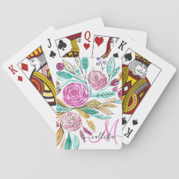 Artsy Elegant Pink Teal Floral Watercolor Monogram Playing Cards