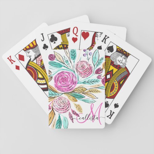 Artsy Elegant Pink Teal Floral Watercolor Monogram Poker Cards