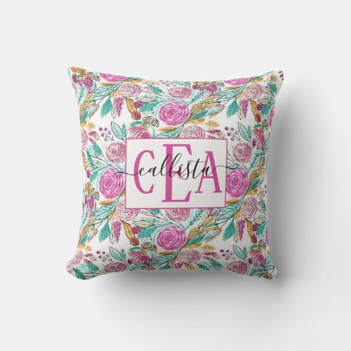 Artsy Elegant Pink Teal Floral Watercolor Monogram Throw Pillow