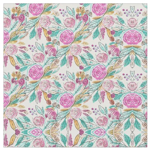 Artsy Elegant Pink Teal Floral Watercolor Pattern Fabric