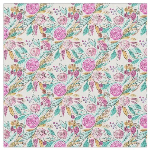 Artsy Elegant Pink Teal Floral Watercolor Pattern Fabric