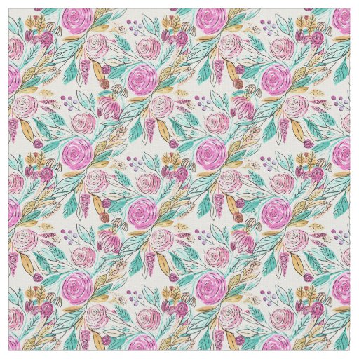 Artsy Elegant Pink Teal Floral Watercolor Pattern Fabric
