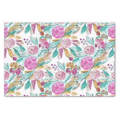 Artsy Elegant Pink Teal Floral Watercolor Pattern Tissue Paper