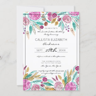 Artsy Elegant Pink Teal Floral Watercolor Sweet 16 Invitation