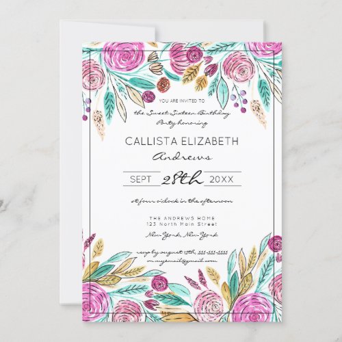 Artsy Elegant Pink Teal Floral Watercolor Sweet 16 Invitation