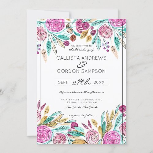 Artsy Elegant Pink Teal Floral Watercolor Wedding Invitation