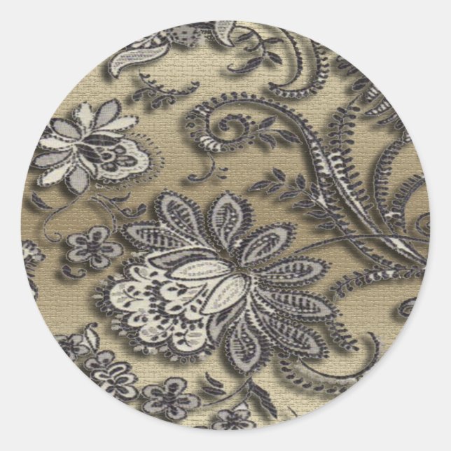 Artsy Embossed Black & Gold Flowers Classic Round Sticker (Front)