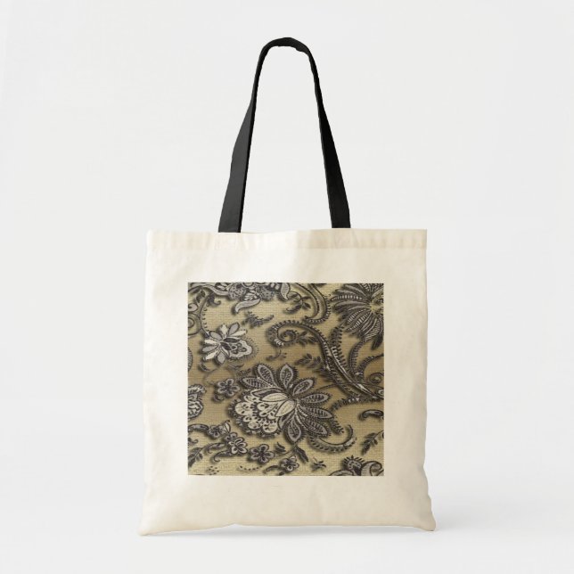 Artsy Embossed Black & Gold Flowers Tote Bag (Front)