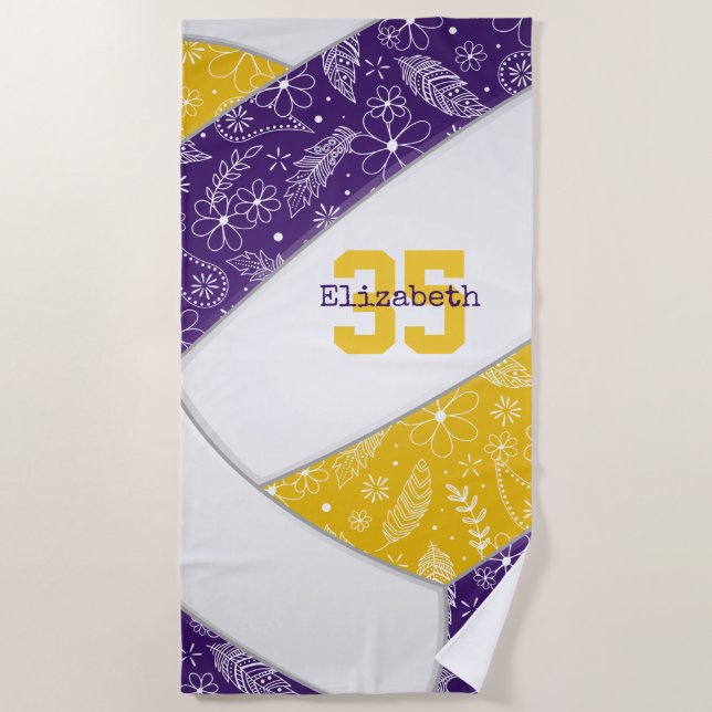 artsy feather doodles purple gold boho volleyball beach towel (Front)