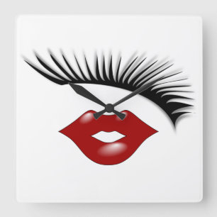 Artsy Feminine Chic Eyelashes & Lips Designer Square Wall Clock