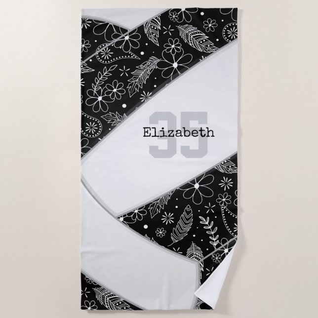 artsy floral doodle pattern black volleyball beach towel (Front)