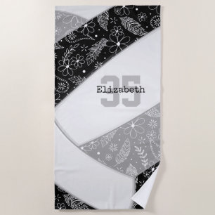 artsy floral doodles black gray volleyball beach towel