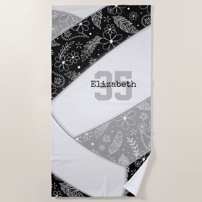 artsy floral doodles black gray volleyball beach towel (Front)