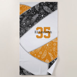 artsy floral doodles black orange volleyball beach towel