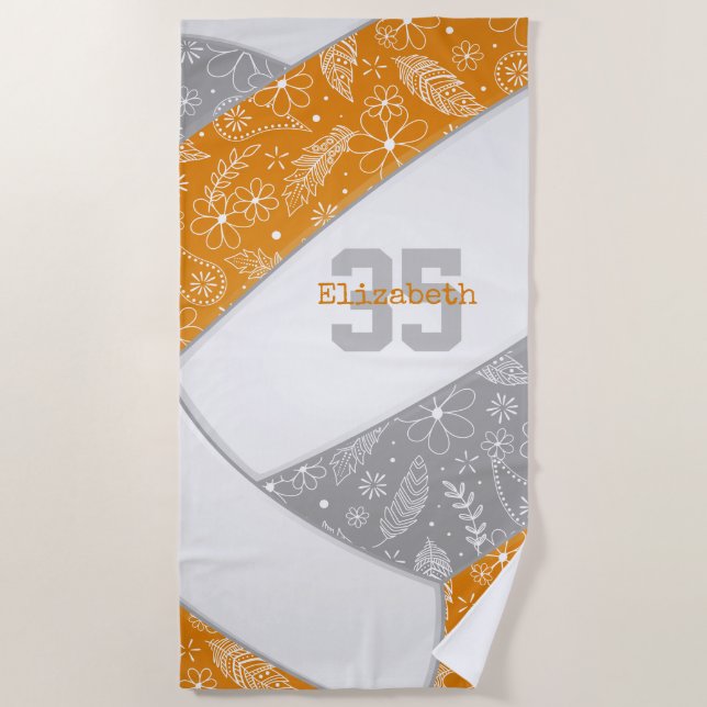 artsy floral paisley doodle orange gray volleyball beach towel (Front)
