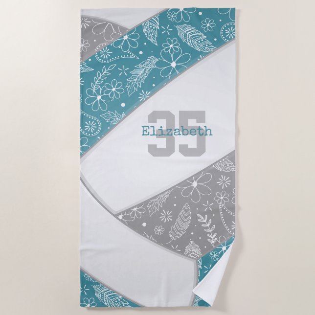artsy floral paisley pattern teal gray volleyball beach towel (Front)