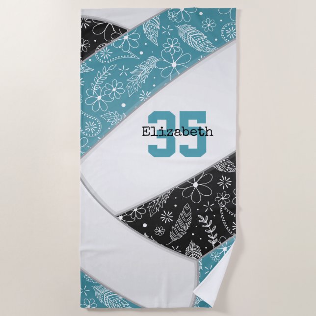 artsy floral paisleys teal black boho volleyball beach towel (Front)