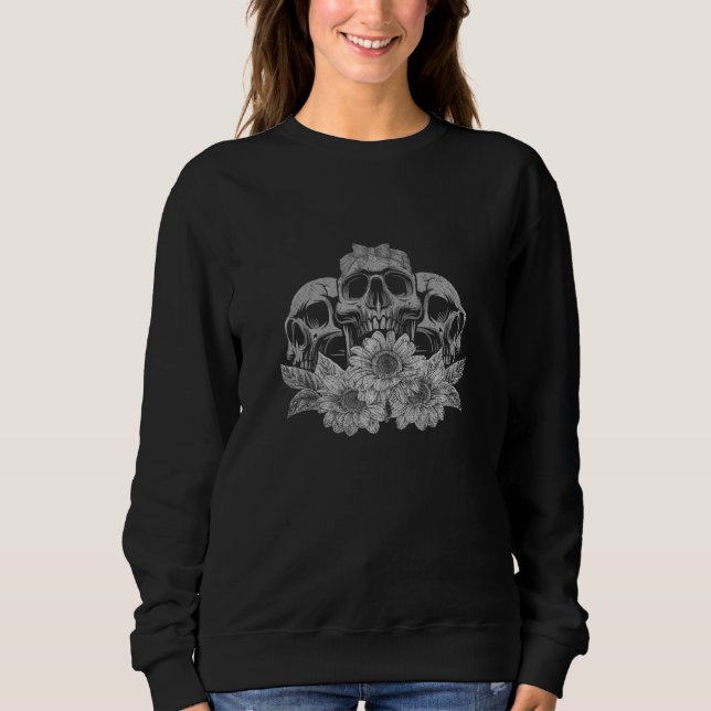 Artsy Florist  Yellow Flower Spooky Skull Sunflowe Sweatshirt (Front)