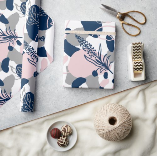 Artsy Flower Abstract  Navy Blue Blush Pink Gray Wrapping Paper