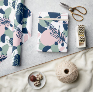 Artsy Flower Abstract   Navy Blue Blush Pink Sage Wrapping Paper