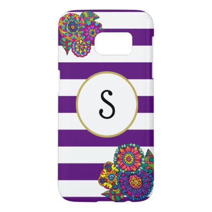 Artsy Flowers Purple White Striped Gold Monogram Samsung Galaxy S7 Case
