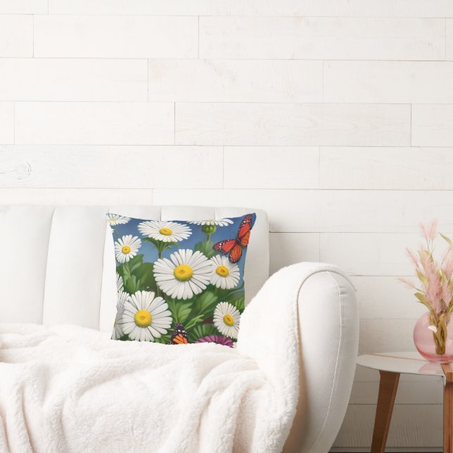 Artsy Fun Daisies And Butterflies Throw Pillow (Couch)
