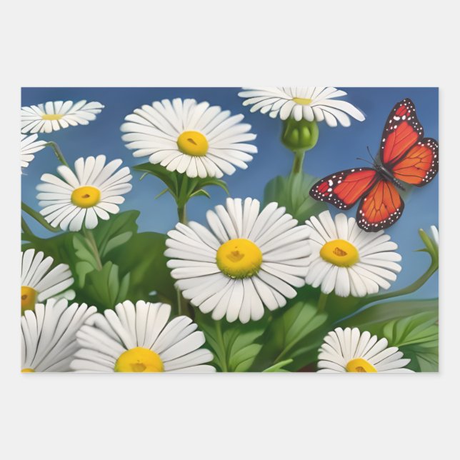Artsy Fun Daisies And Butterflies Wrapping Paper Sheets (Front)