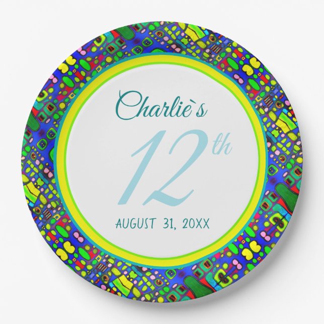 Artsy fun multicolor popular pattern custom text paper plates (Front)