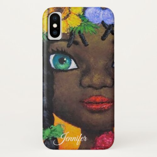 Artsy Girly African American Girl Floral Painting iPhone X Case