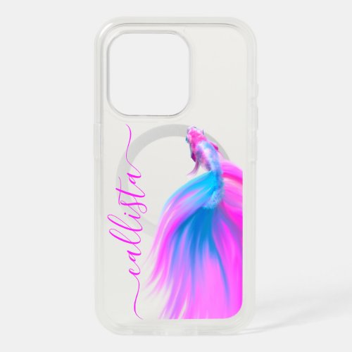 Artsy Girly Neon Pink Blue Painted Betta Fish iPhone 15 Pro Case