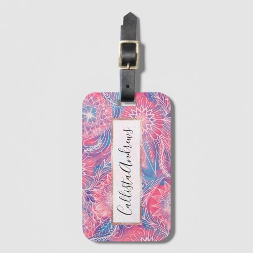 Artsy Girly Pink Blue Paint Floral Illustrations Luggage Tag